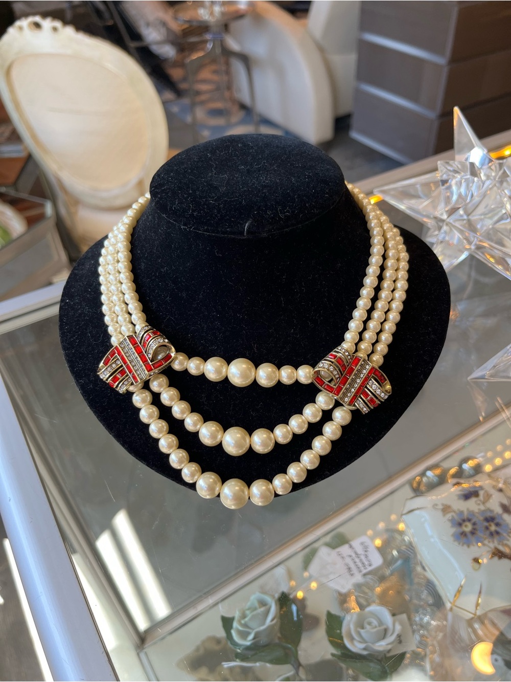 Heidi Daus Triple-Strand Pearl Necklace with Red Accent Clasps